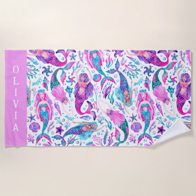 Toalha De Praia Sereias Aquáticas Conchas Marítimas + Starfish (Frente)