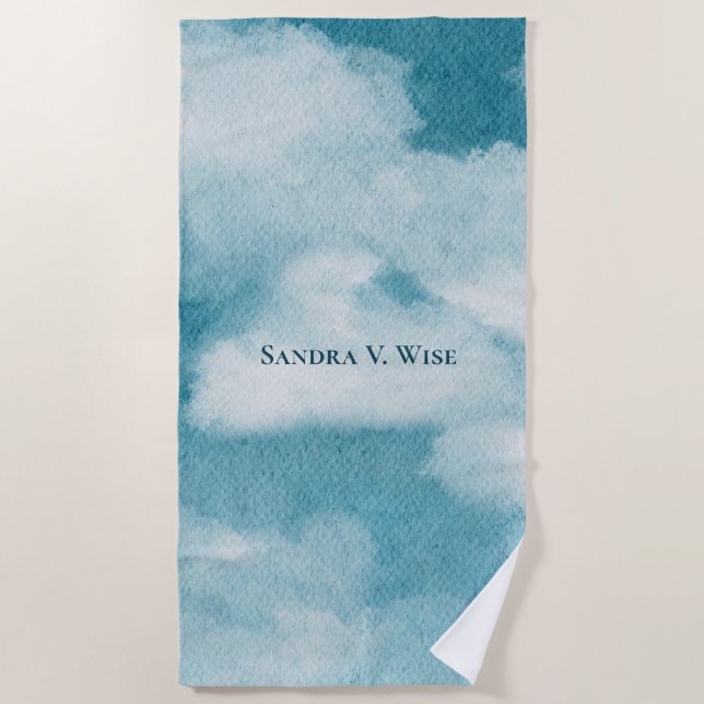 Toalha De Praia Serene Horizon Sonha Aquarela Azul e Branco (Frente)