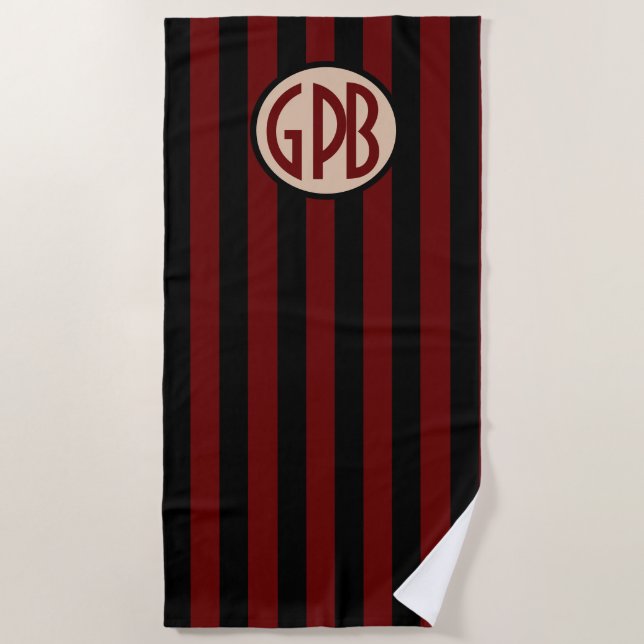 Toalha De Praia Seu monograma no preto & nas listras da cabana de (Frente)