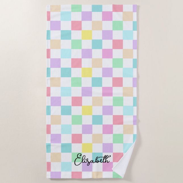 Toalha De Praia Seu nome Cores de Pastel verificadas Personalizada (Frente)