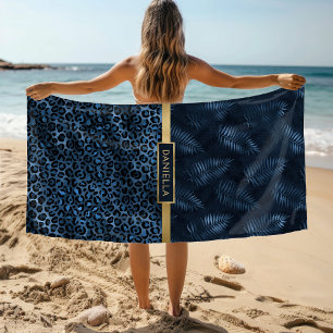Toalha De Praia Shimmer de Impressão do Leopardo Azul Nome Floral 
