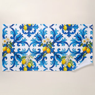 Toalha De Praia Siciliano,verão,limão,mosaico,azul,