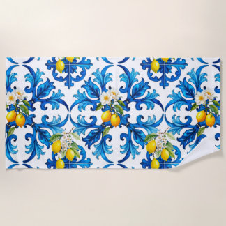 Toalha De Praia Siciliano,verão,limão,mosaico,azul,