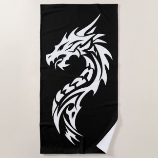 Toalha De Praia Silhueta de Dragão Tribal em Preto e Branco Ousado