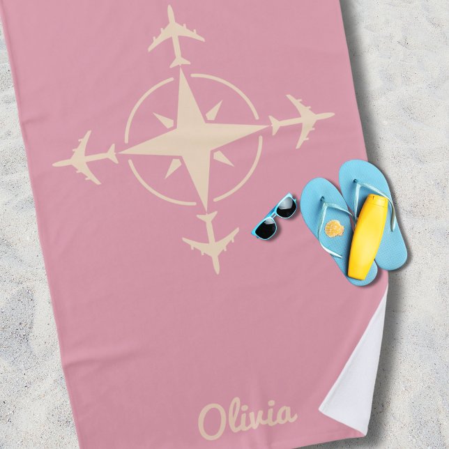 Toalha De Praia Simple Modern Compass and Airplane Travel Custom (Criador carregado)