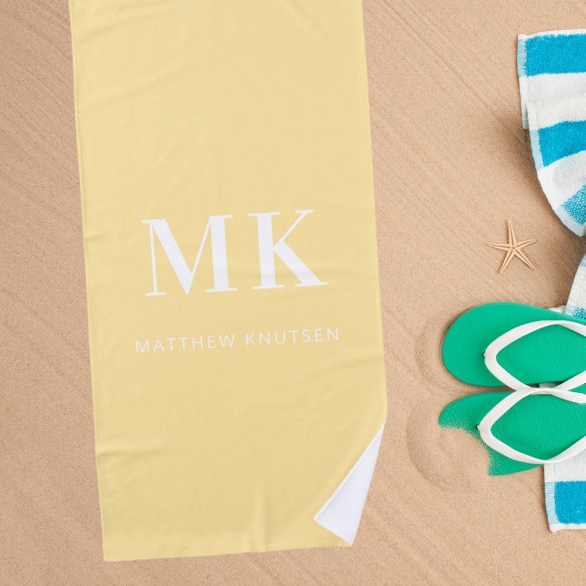 Toalha De Praia Sinais de nome de monograma branco amarelo (Criador carregado)