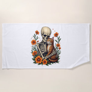 Toalha De Praia Skeleton Abrindo Gatos Florais De Dia das Bruxas