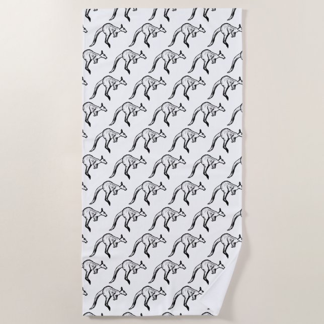 Toalha De Praia Sketch de canguru preto-e-branco saltando (Frente)
