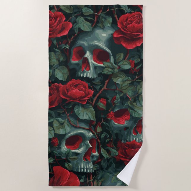 Toalha De Praia Skull and Red Roses Pattern – Dark Floral Design (Frente)