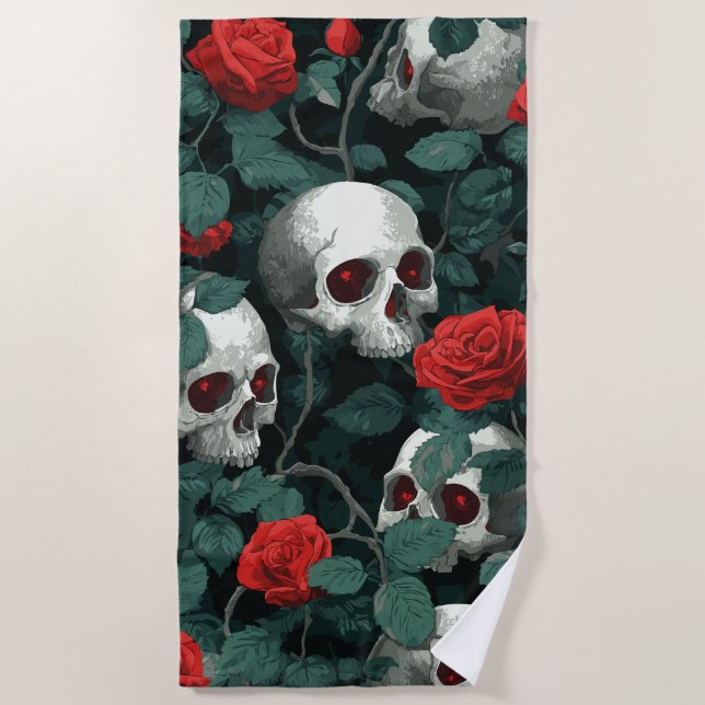 Toalha De Praia Skull and Red Roses Pattern – Dark Gothic Art (Frente)