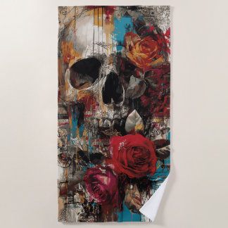 Toalha De Praia Skull with Roses Street Art Floral Grunge Design