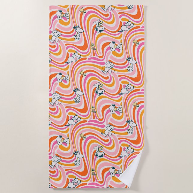 Toalha De Praia Snoopy & Woodstock Groovy Vibes Padrão Laranja (Frente)