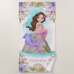 Toalha De Praia Sob o mar Sereia Rosa e Púrpura (Brunette)