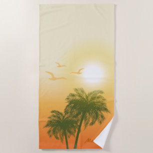 Toalha De Praia Sol Laranja E Palmeiras Verdes Verão Tropical