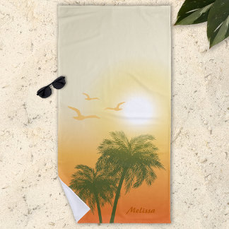 Toalha De Praia Sol Laranja E Palmeiras Verdes Verão Tropical