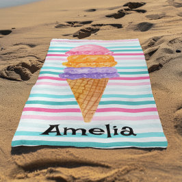 Toalha De Praia Sorvete Personalizado de 3 Bolas em Aquarela