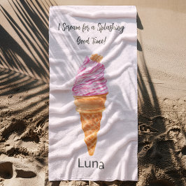 Toalha De Praia Sorvete Rosa Aquarela Personalizado