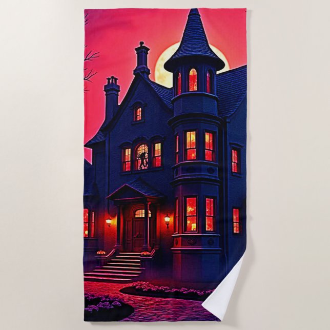 Toalha De Praia Spooky Haunted House em Dusk Design (Frente)