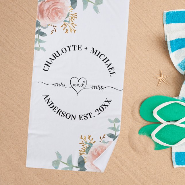 Toalha De Praia Sr. newlyweds rosa gold florals greenery (Criador carregado)