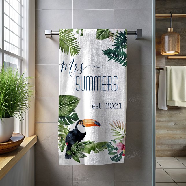 Toalha De Praia Sra Noiva Recém-Casada Monograma Folhas Tropicais  (Criador carregado)