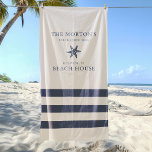 Toalha De Praia Starfish Family Beach House Náutica<br><div class="desc">A toalha de praia náutica apresenta estibordo costeiro e design de listras. Personalize o texto personalizado com um sobrenome familiar e uma casa de praia (ou outro título) com o ano estabelecido e o local. Esquema de bege azul-marinho e acessível.</div>