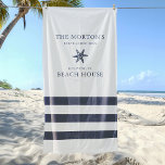 Toalha De Praia Starfish Family Beach House Náutica<br><div class="desc">A toalha de praia náutica apresenta estibordo costeiro e design de listras. Personalize o texto personalizado com um sobrenome familiar e uma casa de praia (ou outro título) com o ano estabelecido e o local. Sistema de cor azul-marinho e sal marinho.</div>
