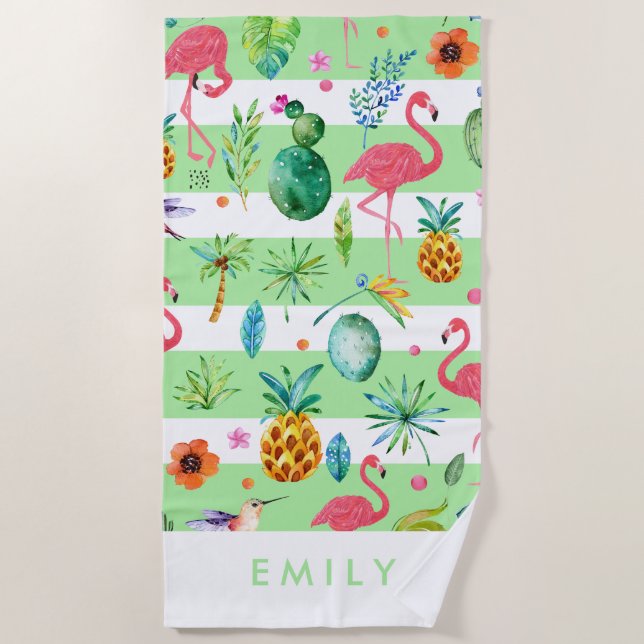 Toalha De Praia Stripes e padrão tropical colorido (Frente)