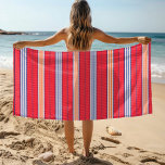 Toalha De Praia Summer Beach Stripes<br><div class="desc">Este design apresenta um fundo vermelho texturizado com faixas verticais em laranja, azul e branco, #listras #praia #natação #moda #verão</div>