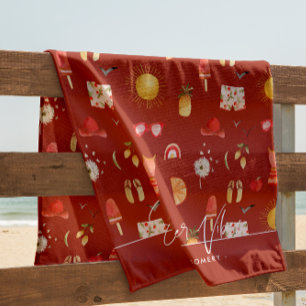 Toalha De Praia Summer Vibes   Monograma de Boho Retro Verão