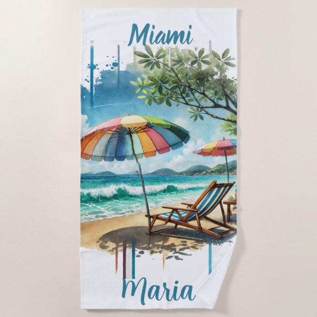 Toalha De Praia Summery Watercolor Beach Cadeira & Unbrella Seasho (Frente)