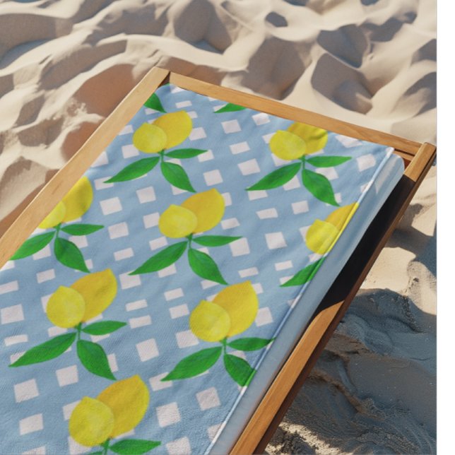 Toalha De Praia Sunny Yellow Lemons Blue White Check (Sunny lemons at the beach!)