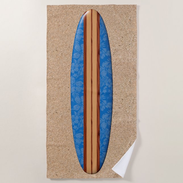 Toalha De Praia Sunset Beach Hawaiian Faux Wood Surfboard - Azul (Frente)