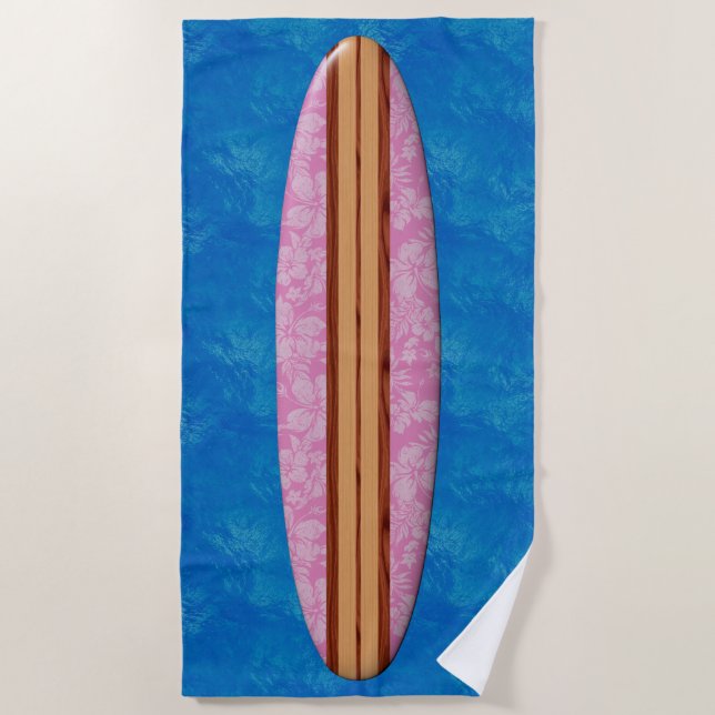 Toalha De Praia Sunset Beach Hawaiian Faux Wood Surfboard - Rosa (Frente)