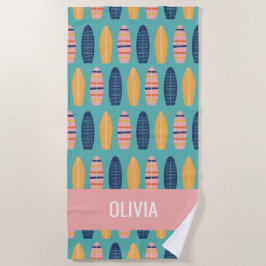 Toalha De Praia Surf Pink Surfboards e flores Beach Towel