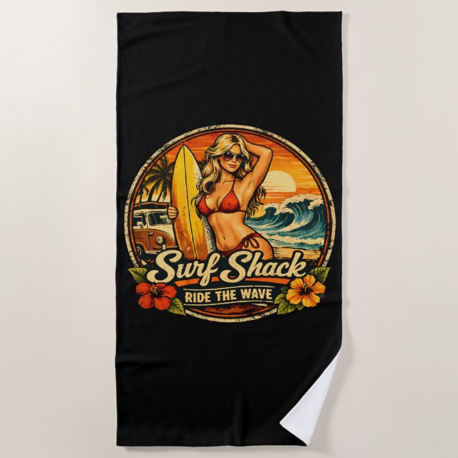 Toalha De Praia Surf Shack Surfista Pin-Up | Surfe as Ondas de Sur (Frente)