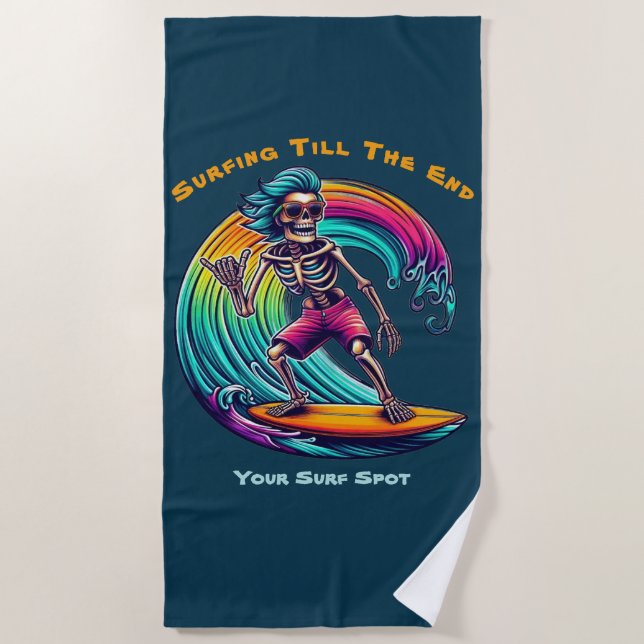 Toalha De Praia Surfista De Esqueleto Andando Uma Onda (Frente)