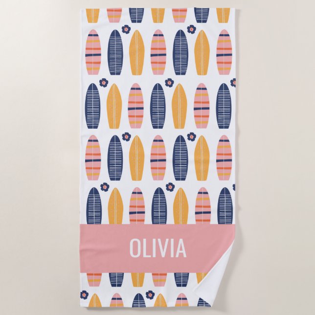 Toalha De Praia Surfs Up Pink Surfboards and Flores (Frente)