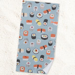 Toalha De Praia Sushi Nigiri Maki Roll Pattern<br><div class="desc">Padrão japonês de sushi art em um fundo azul de médio para amantes de comida.</div>