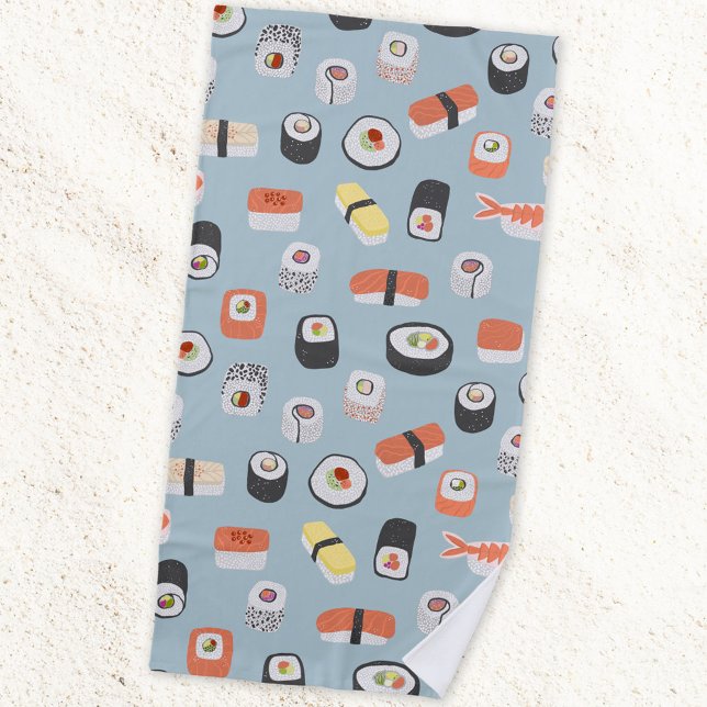 Toalha De Praia Sushi Nigiri Maki Roll Pattern (Japanese sushi nigiri maki roll pattern fun food themed beach towel)