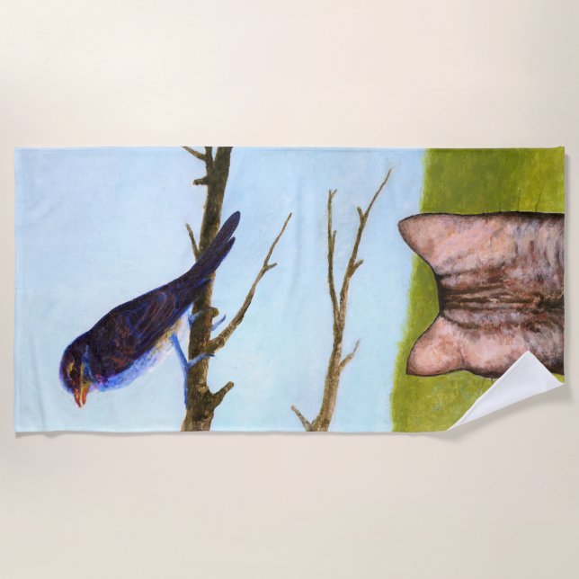 Toalha De Praia Tabby Cats Fala com Pássaros (Frente)