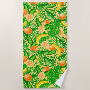 Toalha De Praia Tangerinas, bananas e folhas tropicais