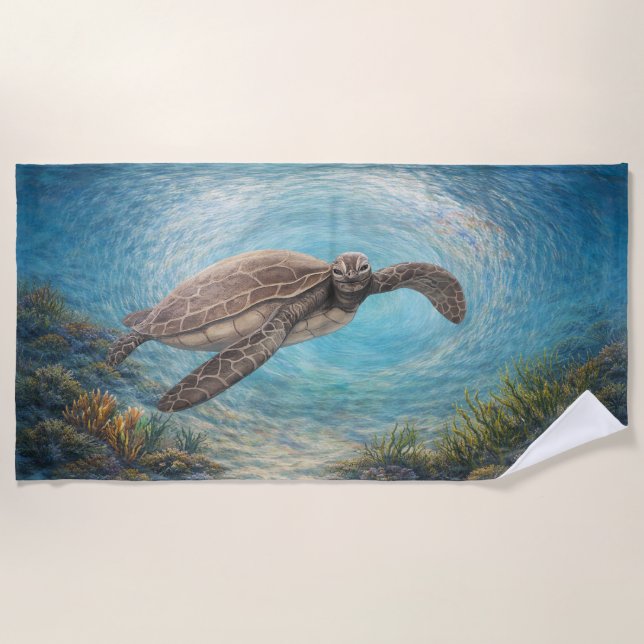 Toalha De Praia Tartaruga Marinha Pintada à Mão em Vórtice Oceânic (Frente)