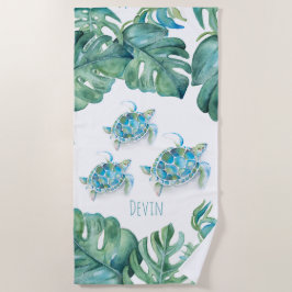 Toalha De Praia Tartaruga Tropical e Folhas de Palma