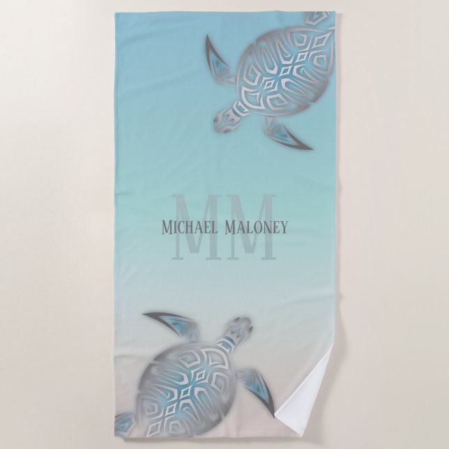 Toalha De Praia Tartarugas Prateadas Iniciam Seu Nome Turquoise Be (Frente)