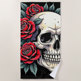 Toalha De Praia Tatuagem de Rosas do crânio
