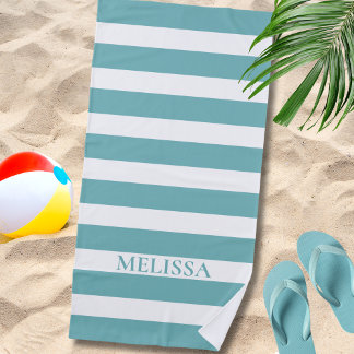 Toalha De Praia Teal And White Striped Name Cabana Stripe