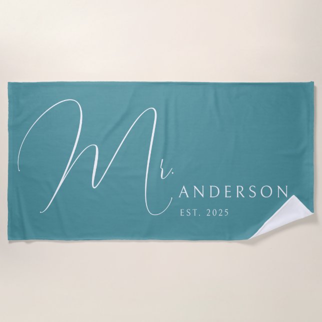 Toalha De Praia Teal Blue Newlyweds Mr Name Personalized Honeymoon (Frente)