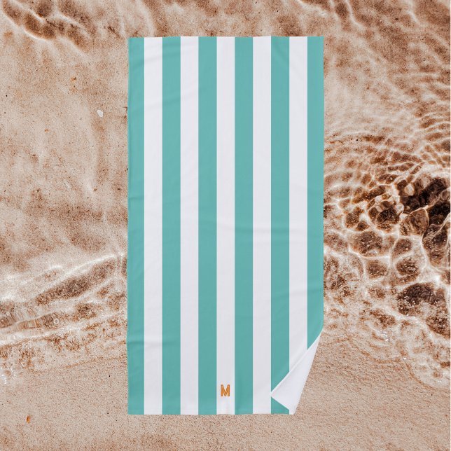 Toalha De Praia Teal Cabana Stripe & Personalizado Monograma Laran (Criador carregado)