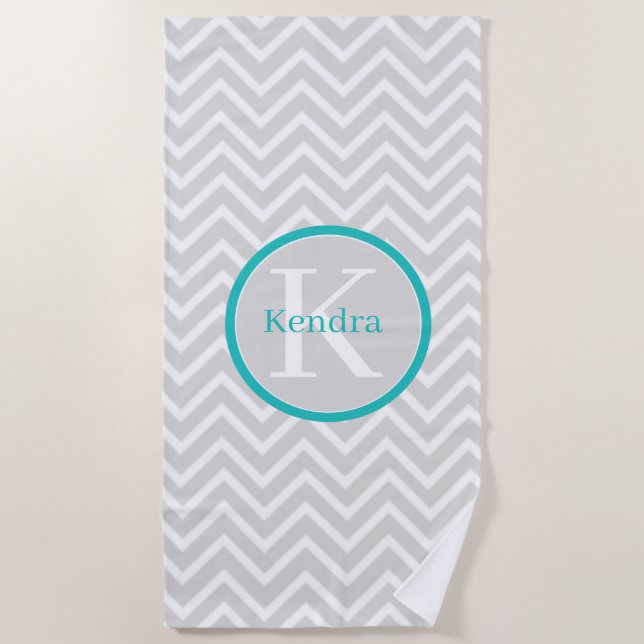 Toalha De Praia Teal Chevron Monograma Beach Towel (Frente)