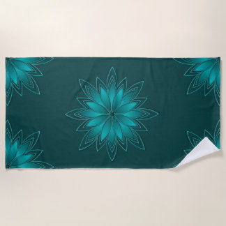 Toalha De Praia Teal Leaf Mandala Design on Dark Cyan